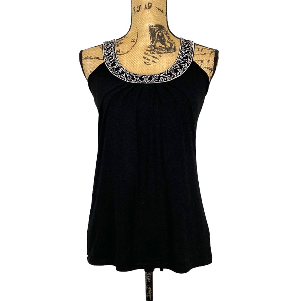 Black Sleeveless White Floral Detail Tank Top XXS
